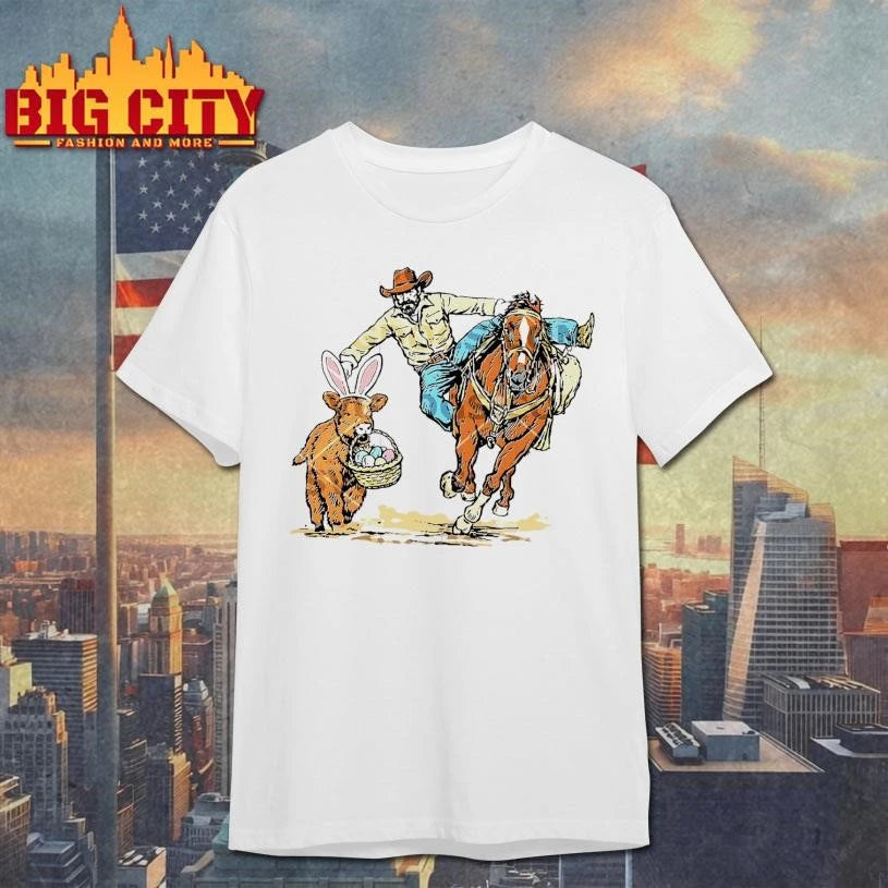 Cowboy Chasing Easter Bunny With Eggs Shirt