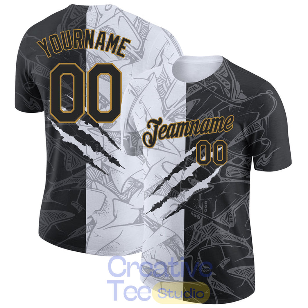 Custom Graffiti Pattern Black-Old Gold Scratch 3D Performance T-Shirt