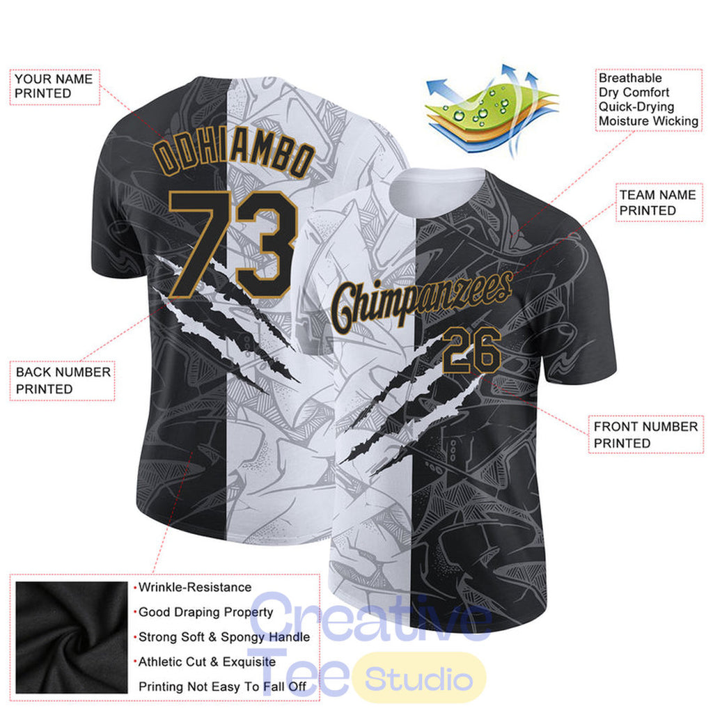 Custom Graffiti Pattern Black-Old Gold Scratch 3D Performance T-Shirt