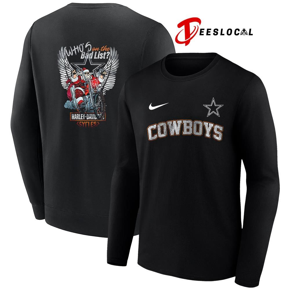 Dallas Cowboys x Harley Davidson Santa Claus who’s on the bad list graphic shirt