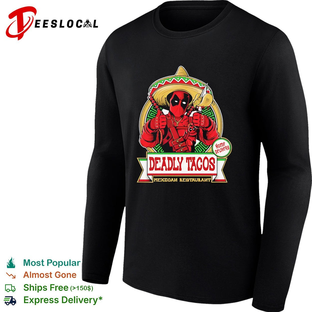 Deadpool Deadly Tacos Mexican Restaurant Home Delivery Marvel Comics character shirt