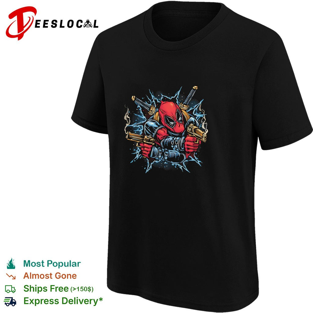 Deadpool dual pistols katanas lightning action burst comic art shirt