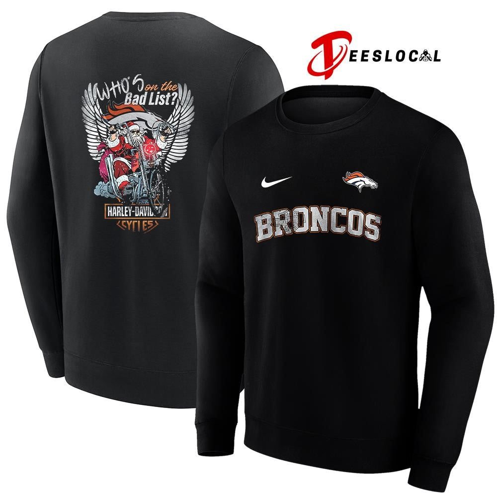 Denver Broncos x Harley Davidson Santa Claus who’s on the bad list graphic shirt
