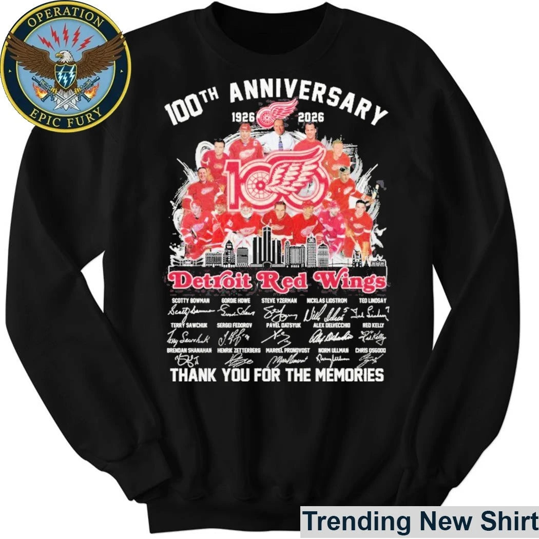 Detroit Red Wings 100th Anniversary 1926 2026 Thank You For The Memories Signatures Shirt