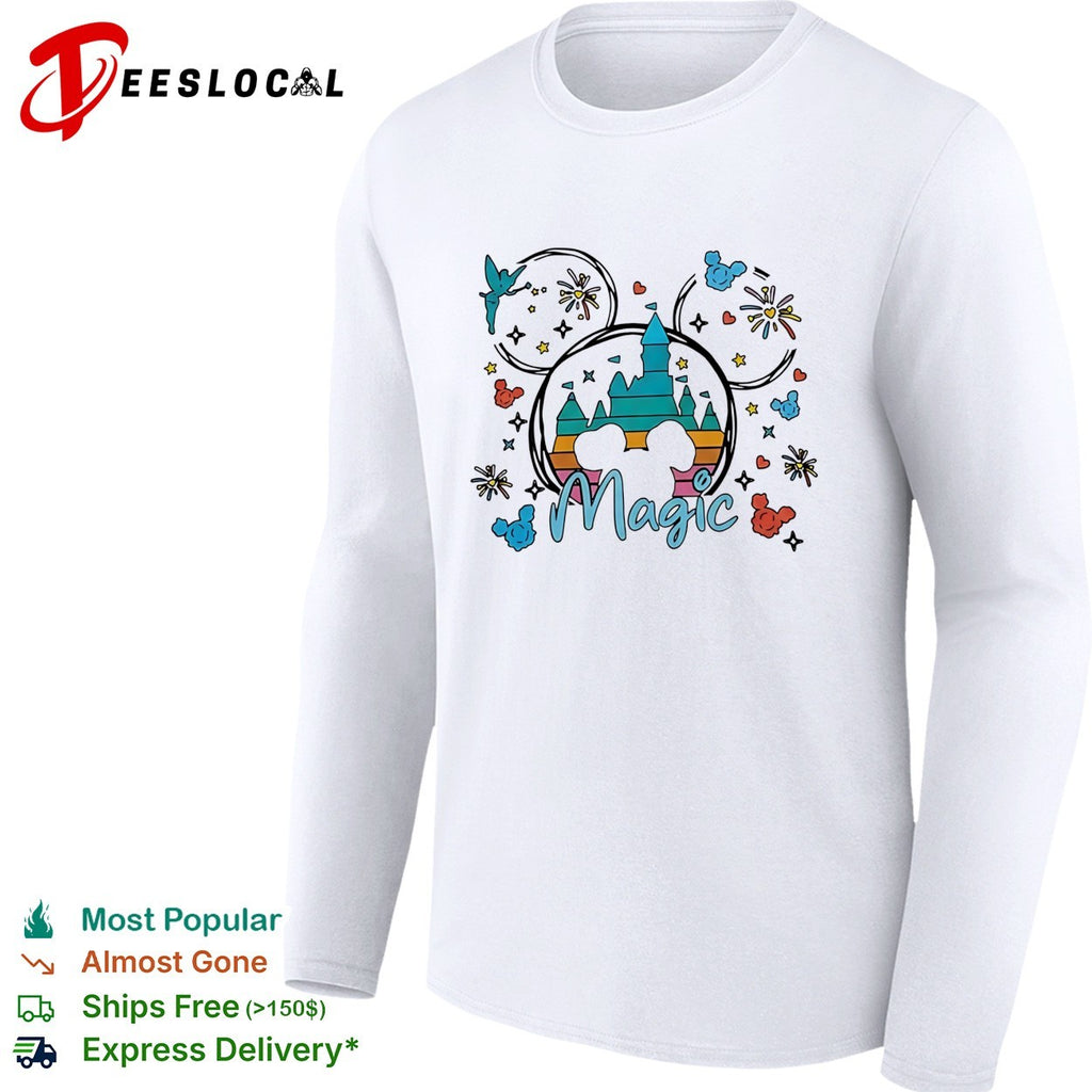 Disney Magic castle Mickey Mouse silhouette fireworks illustration graphic shirt
