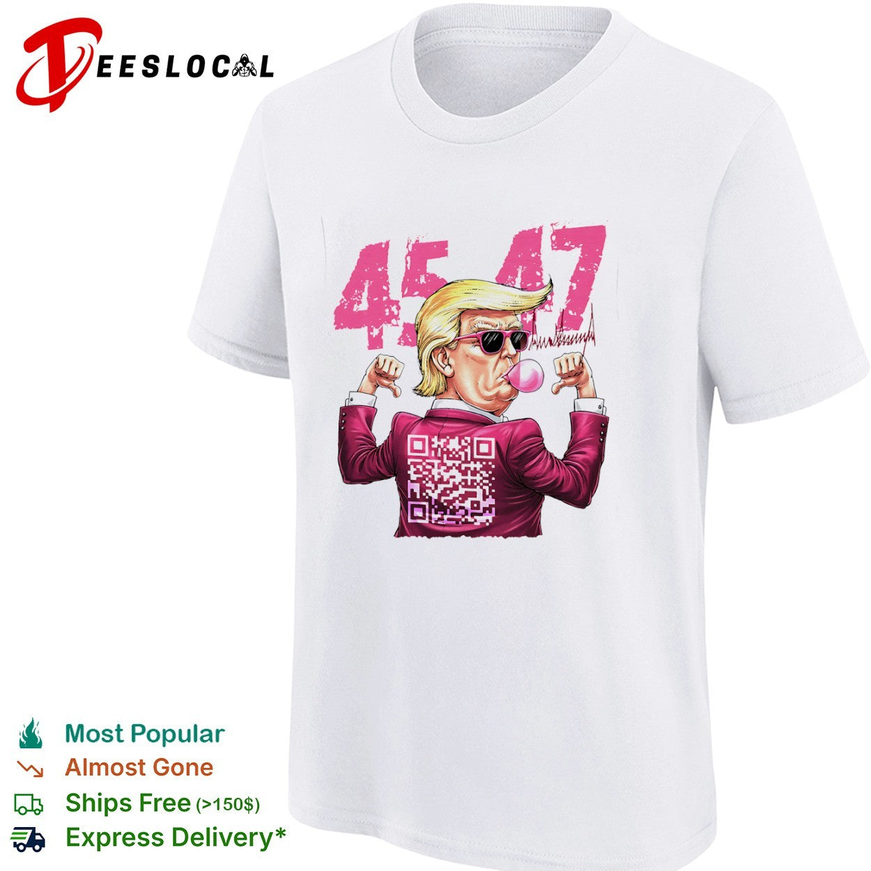 Donald Trump 45 47 bubble gum QR code shirt