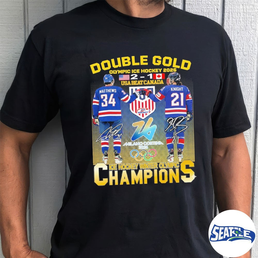 Double Gold Milano Cortina 2026 Olympics Ice Hockey USA Beat Canada 2 1 Matthews Knight Signatures shirt