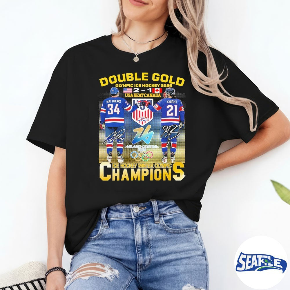 Double Gold Milano Cortina 2026 Olympics Ice Hockey USA Beat Canada 2 1 Matthews Knight Signatures shirt