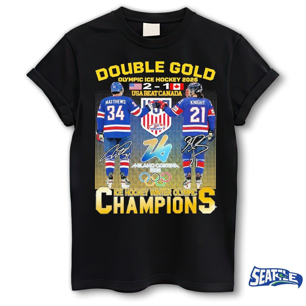 Double Gold Milano Cortina 2026 Olympics Ice Hockey USA Beat Canada 2 1 Matthews Knight Signatures shirt
