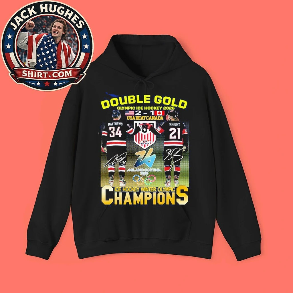 Double Gold Olympic Ice Hockey 2026 Usa Beat Canada 2 1 Matthews Knight Logo Shirt