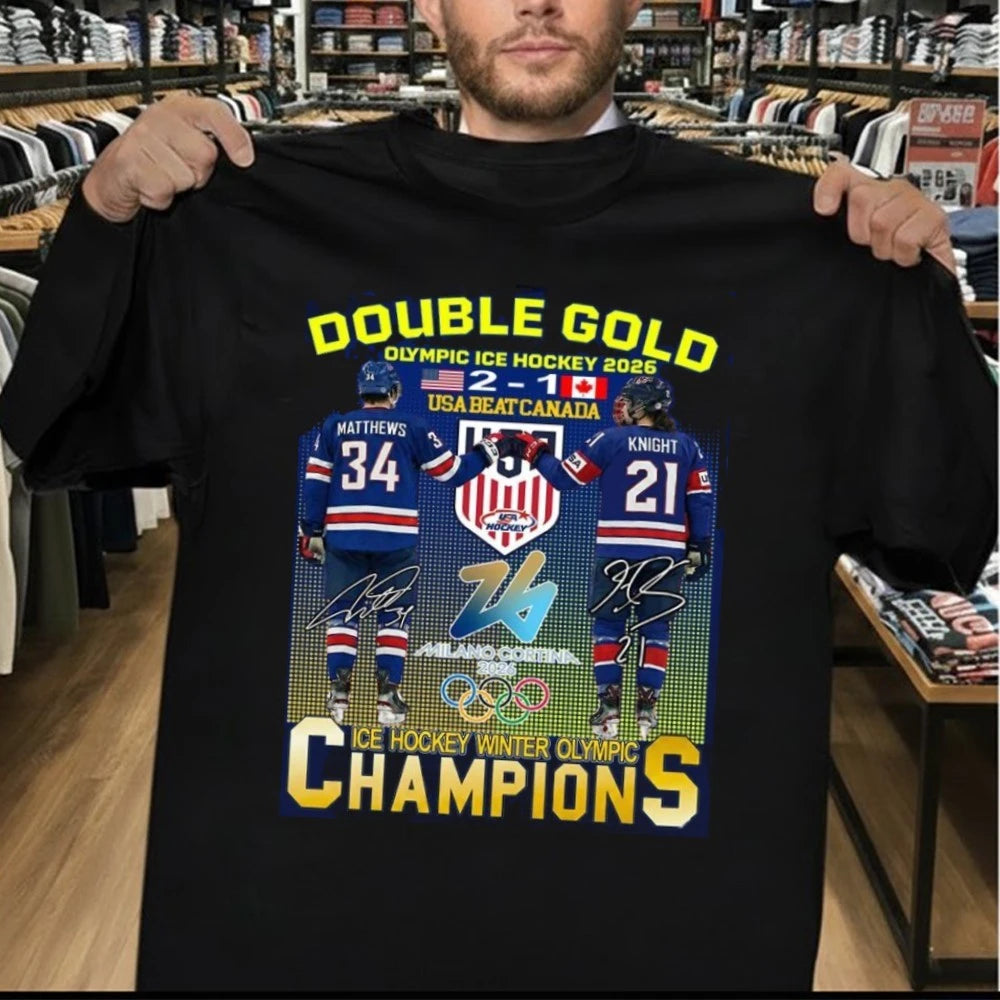 Double Gold Olympic Ice Hockey 2026 Usa Beat Canada 2 1 Matthews Knight Shirt