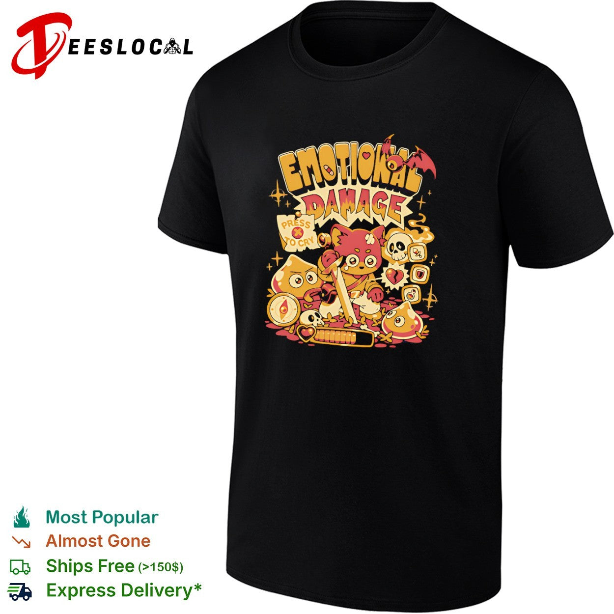 Emotional Damage Press To Cry Cute RPG Gamer Cat Meme Shirt
