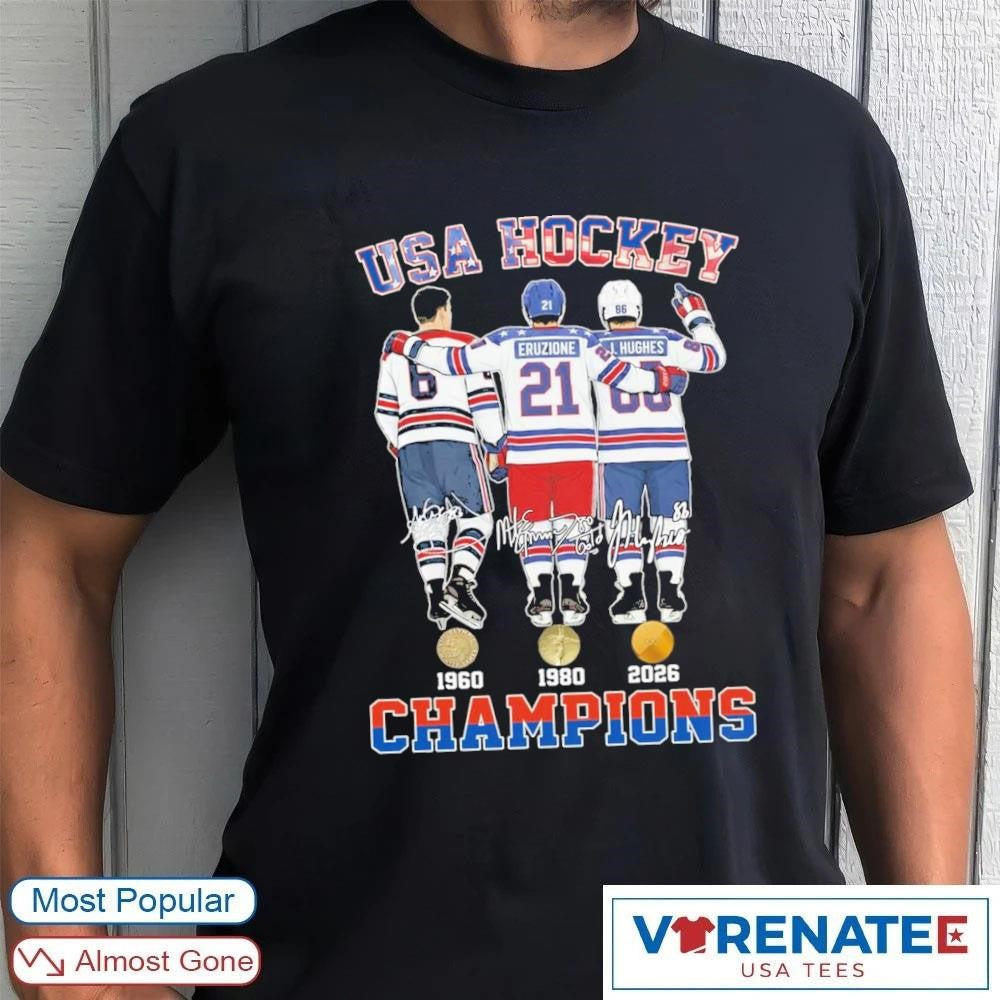 Eruzione J. Hughes USA Hockey Champions 1960-1980-2026 Signatures shirt