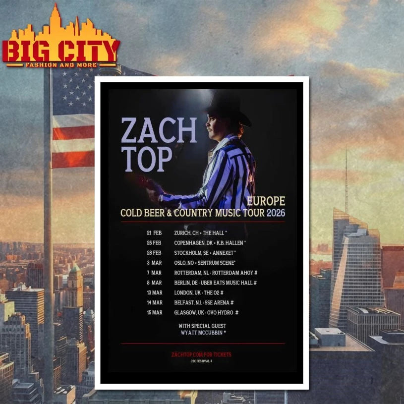 Europe Cold Beer &amp; Country Music Tour 2026 Zach Top Poster shirts