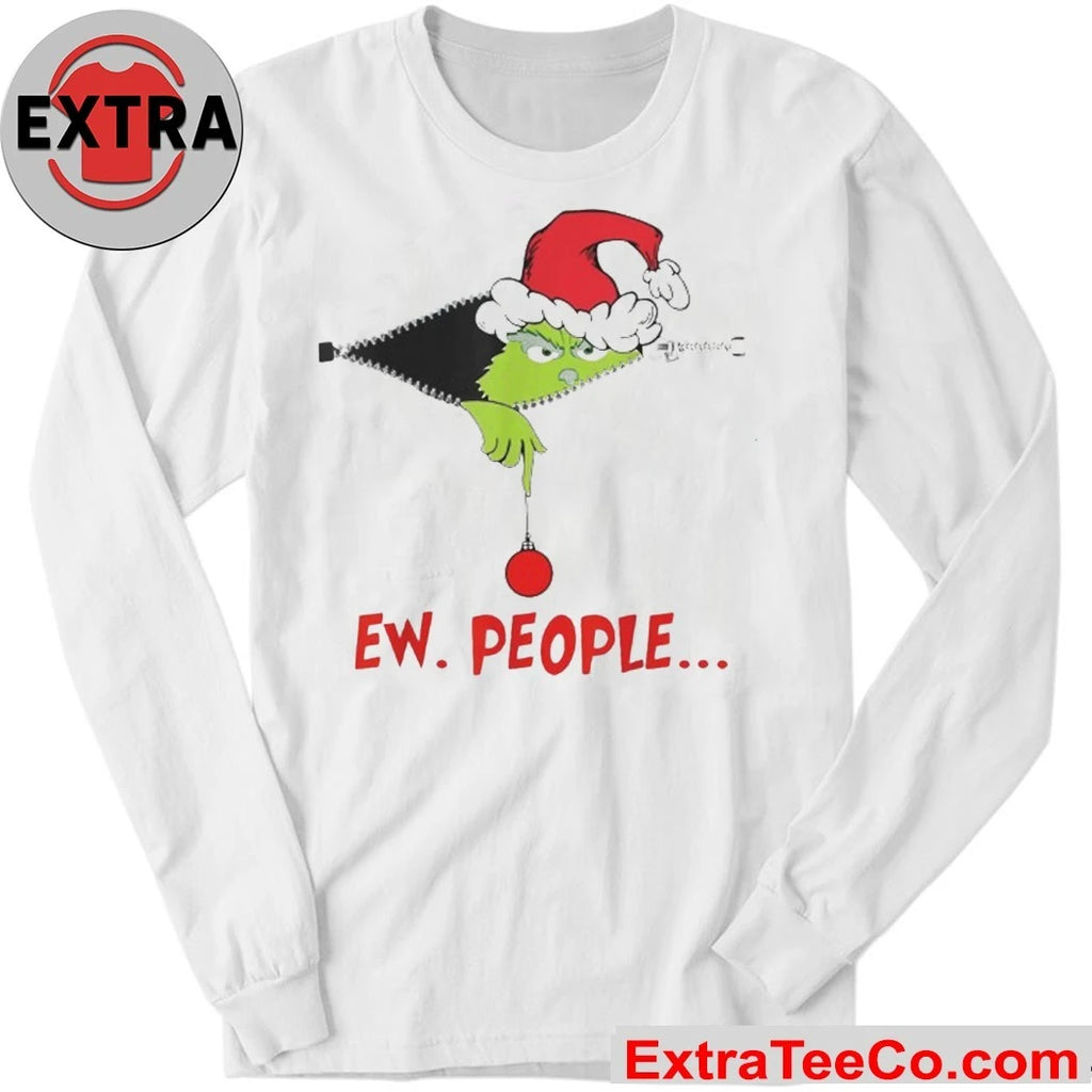 Ew People Christmas Shirt Grinch, wearing a Santa hat, peeks out from the zipper Xmas 2025 Tee