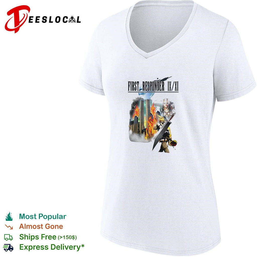 Firefighter holding sword first responder 9 11 twin towers tribute shirt