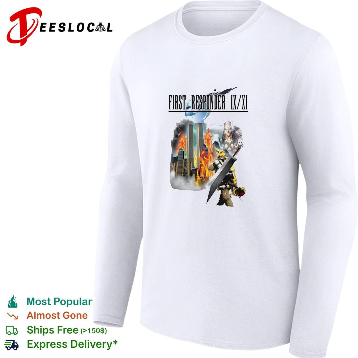 Firefighter holding sword first responder 9 11 twin towers tribute shirt