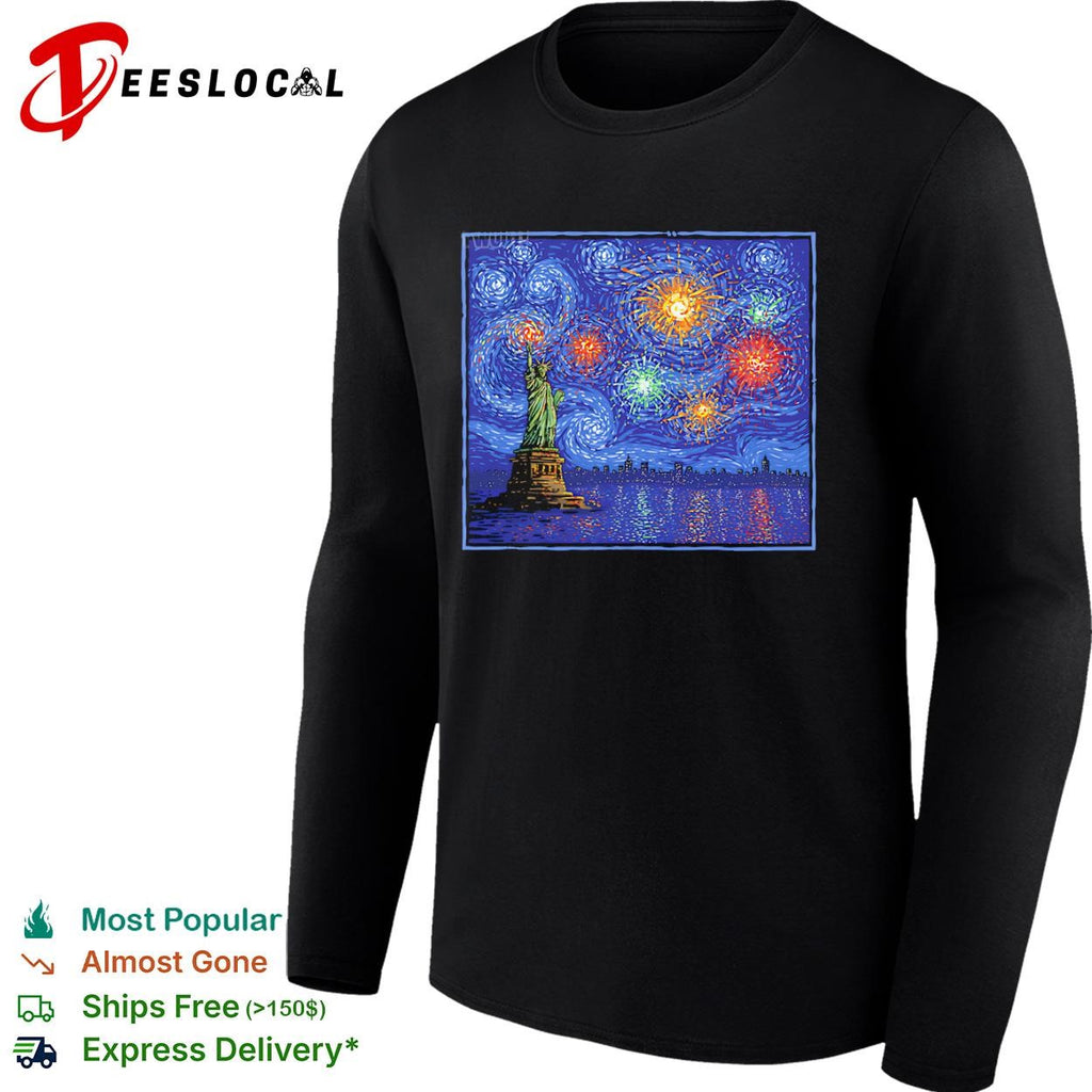 Fireworks and the Statue of Liberty in the style of Van Gogh’s Starry Night shirt