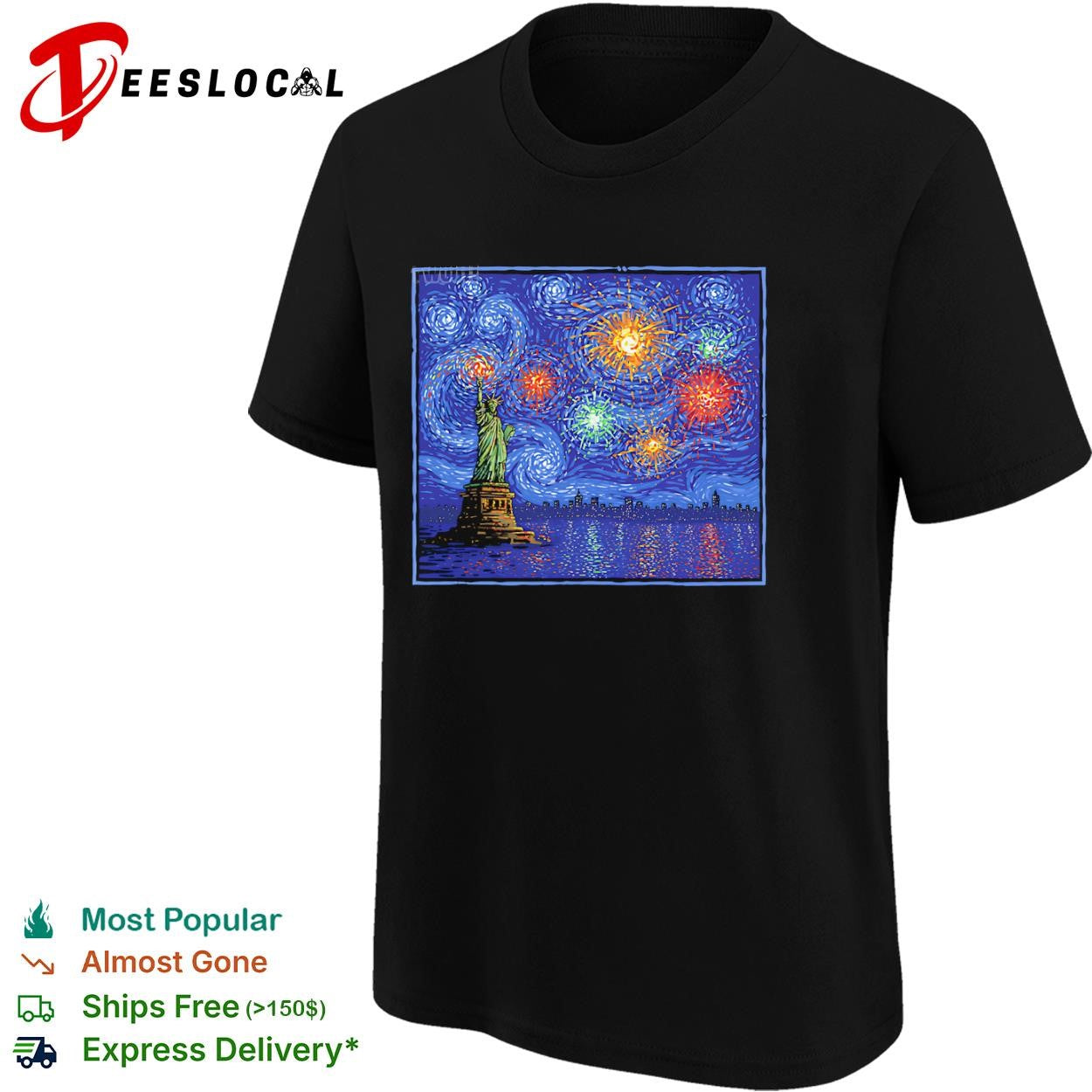 Fireworks and the Statue of Liberty in the style of Van Gogh’s Starry Night shirt