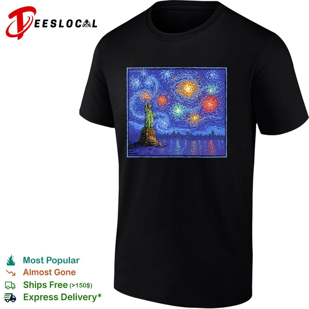 Fireworks and the Statue of Liberty in the style of Van Gogh’s Starry Night shirt