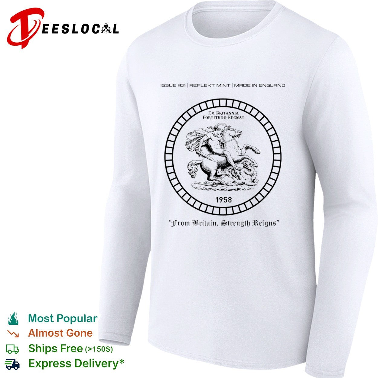 From Britain Strength Reigns sovereign 1958 knight horse graphic shirt