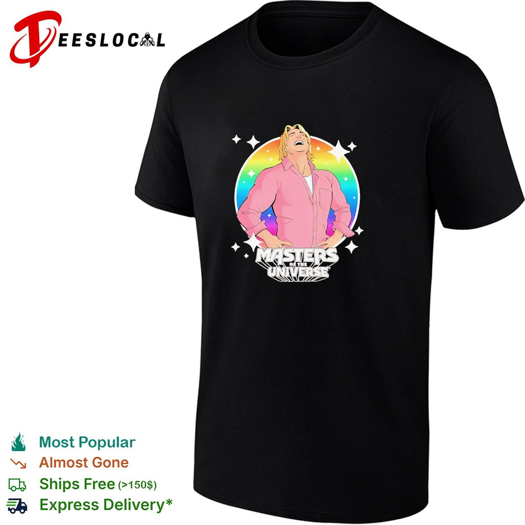 Gay man laughing Masters of the universe rainbow shirt