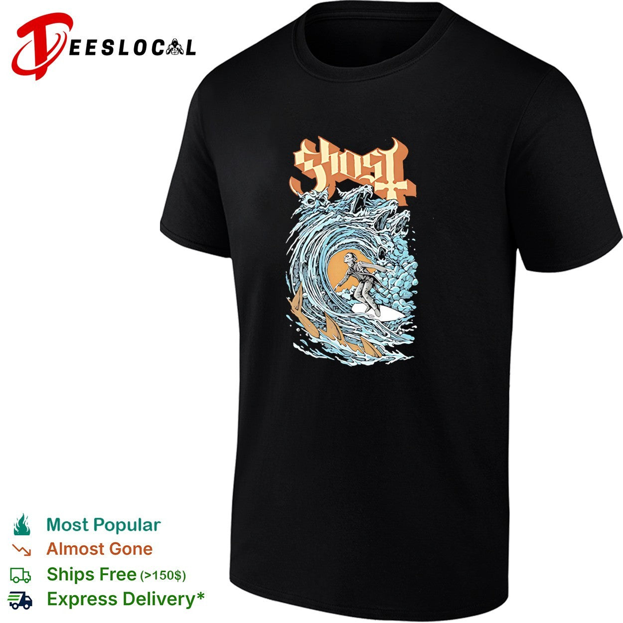 Ghost band surfing skeleton wave shirt