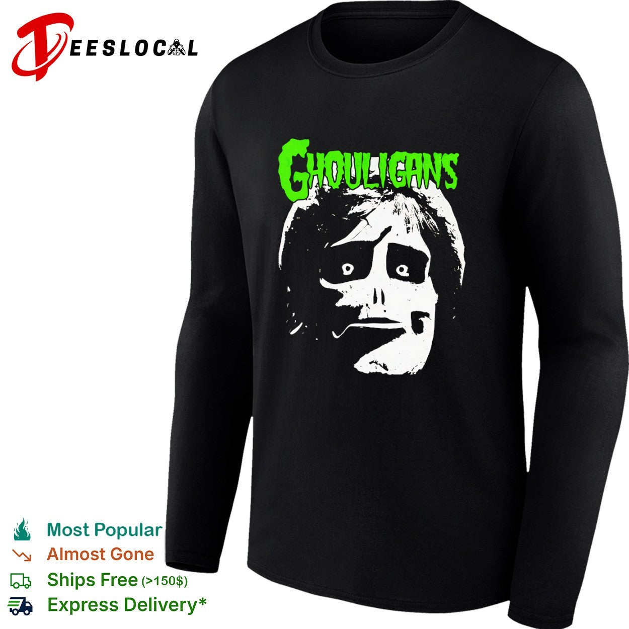 Ghouligans classic horror punk skull face green typography shirt