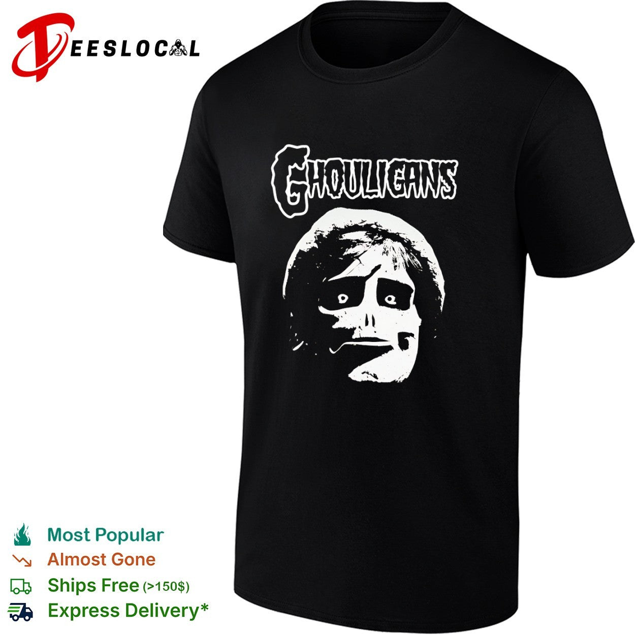Ghouligans classic horror punk skull face white typography shirt