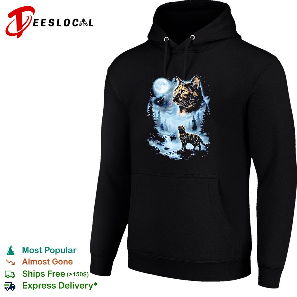 Giant cat moon face forest waterfall night scene mystical art shirt