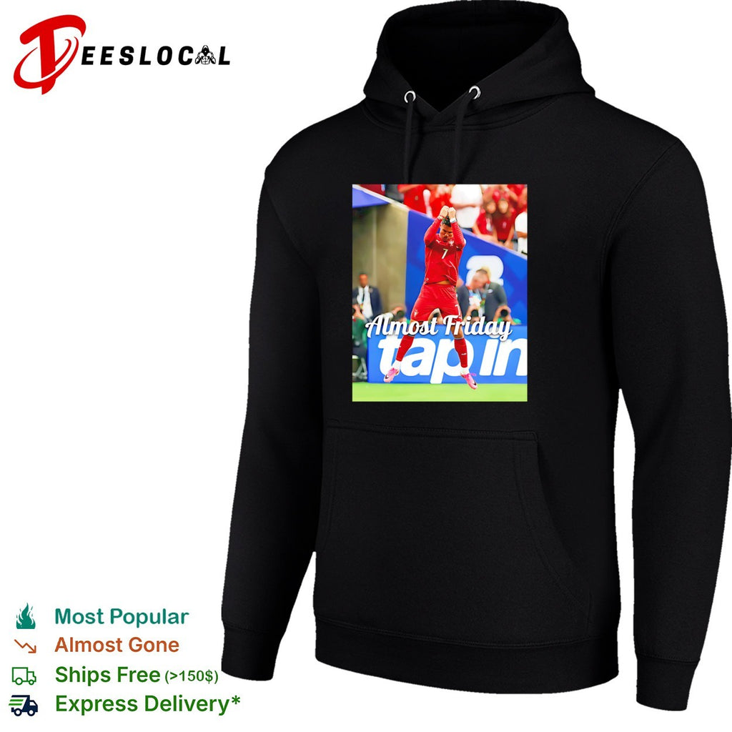 Goalkeeper celebrating tap in Almost Friday shirt