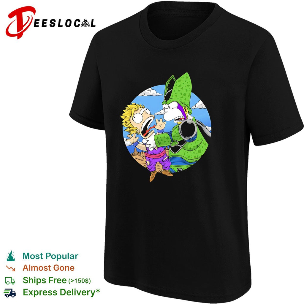 Gohan and Cell in the style of Bart and Homer Simpson why you little Saiyan shirt