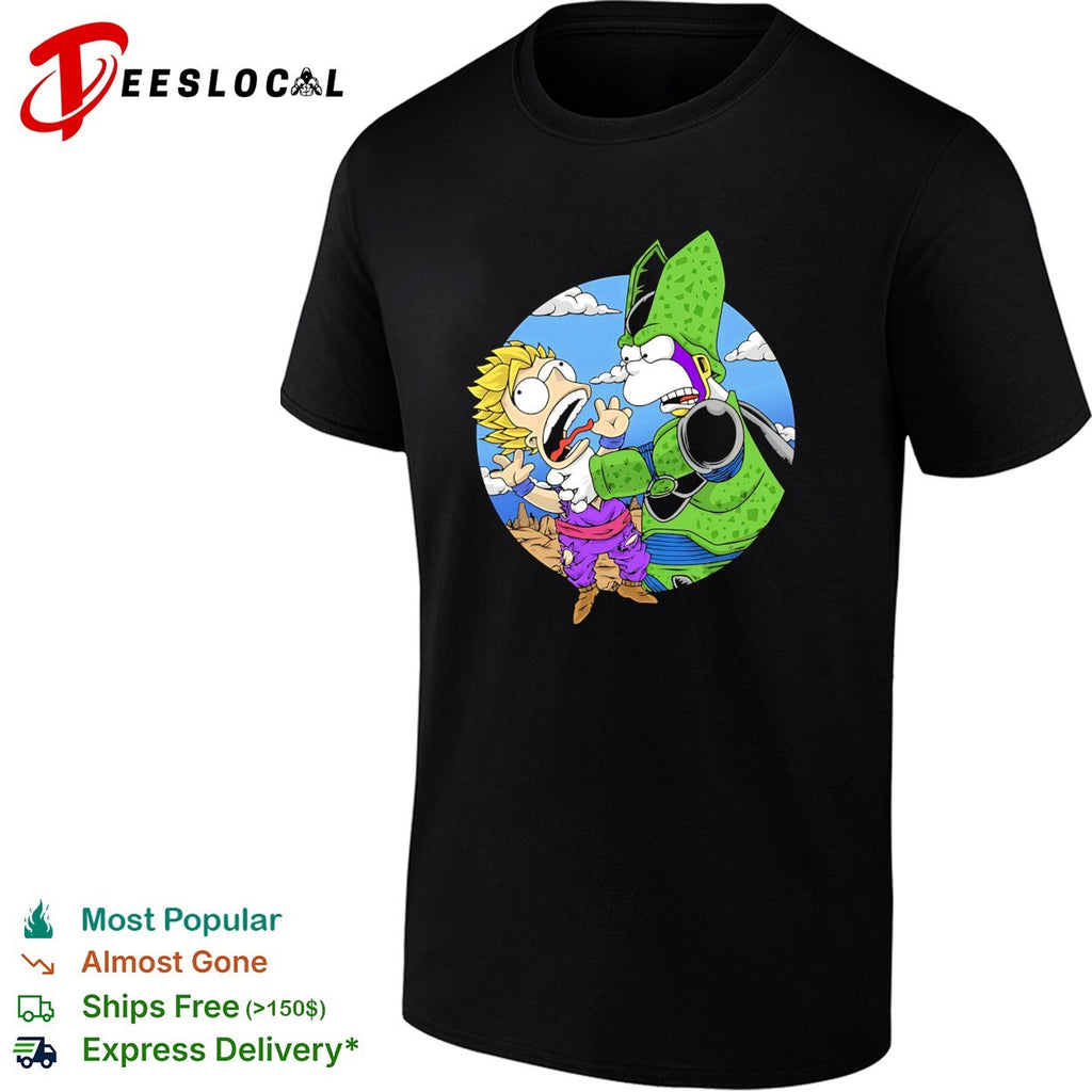 Gohan and Cell in the style of Bart and Homer Simpson why you little Saiyan shirt