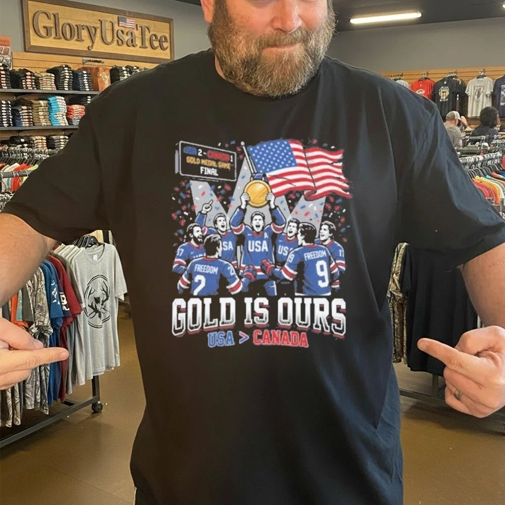 Gold Is Ours Hockey USA Flag Graphic Shirt
