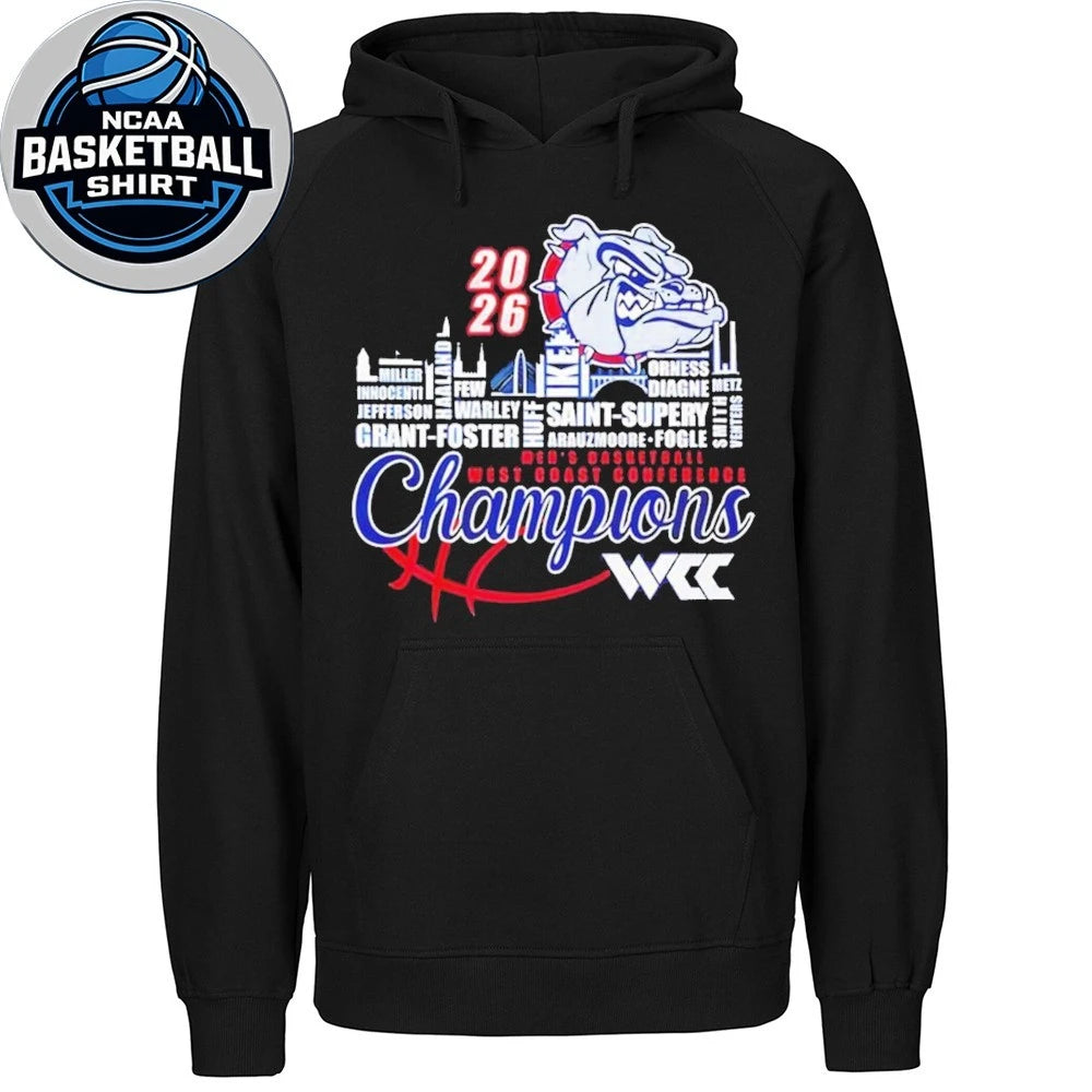 Gonzaga Bulldogs 2026 WCC Men’s Basketball Champions player names city skyline Logo Shirt