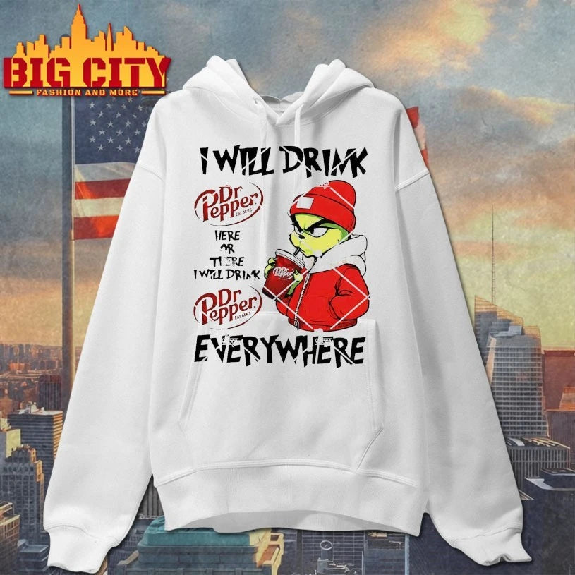 Grinch Christmas I Will Drink Dr Pepper Everywhere Here Or There I will Drink shirt