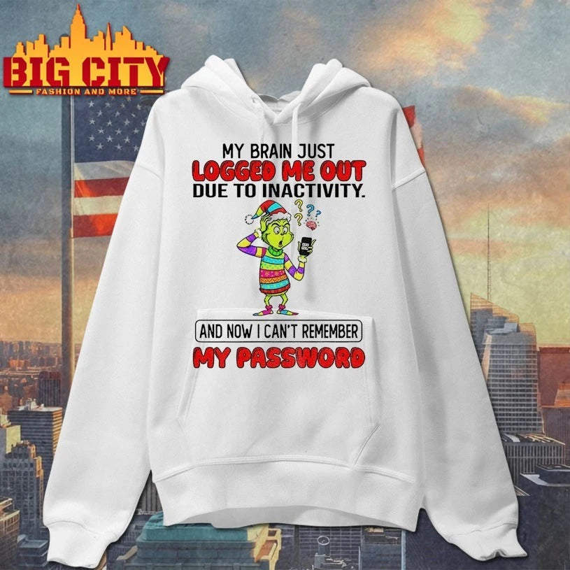 Grinch Christmas My Brain just Logged Me Out Due To Inactivity Now I Can’t Remember My Password shirt