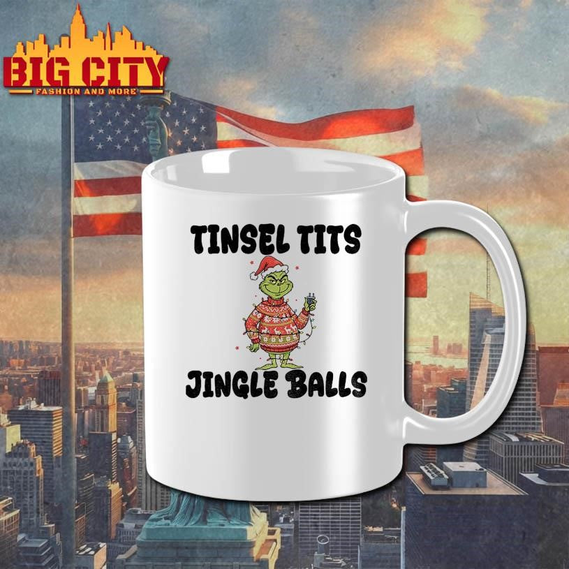 Grinch Santa Claus tinsel tits jingle balls Merry Christmas shirt