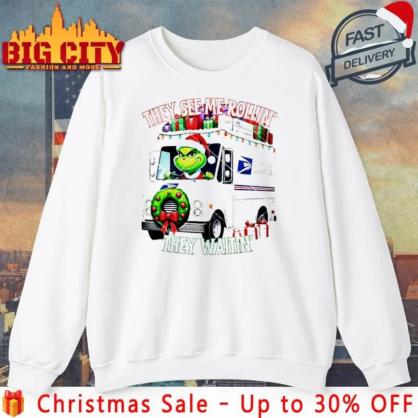 Grinch Santa USPS They See Me Rollin They Waitin shirt