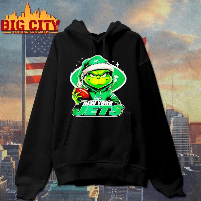 Grinch wearing Santa x New York Jets hat Christmas shirt