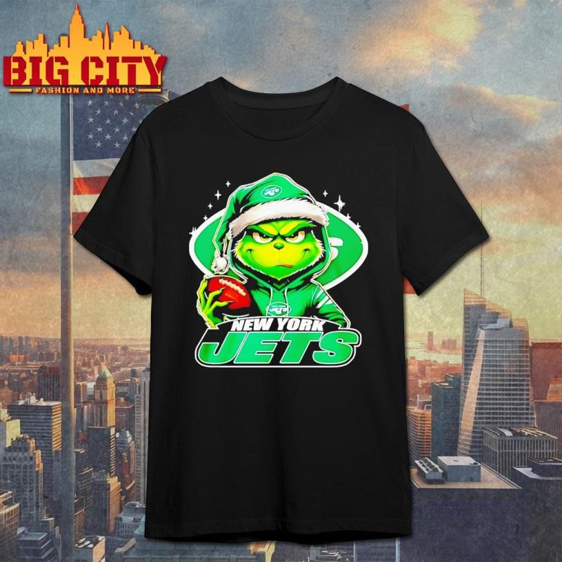 Grinch wearing Santa x New York Jets hat Christmas shirt