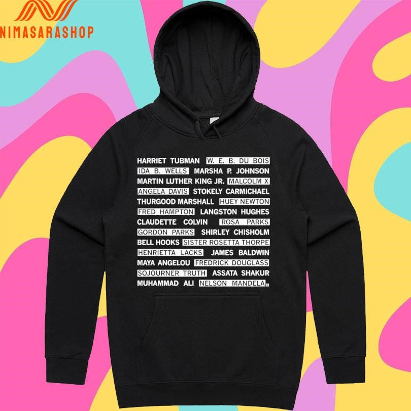 Harriet Tubman W. E. B. Du Bois Ida B. Wells Marsha P. Johnson Martin Luther King Jr. Malcolm X Angela Davis Stokely Carmichael Shirts