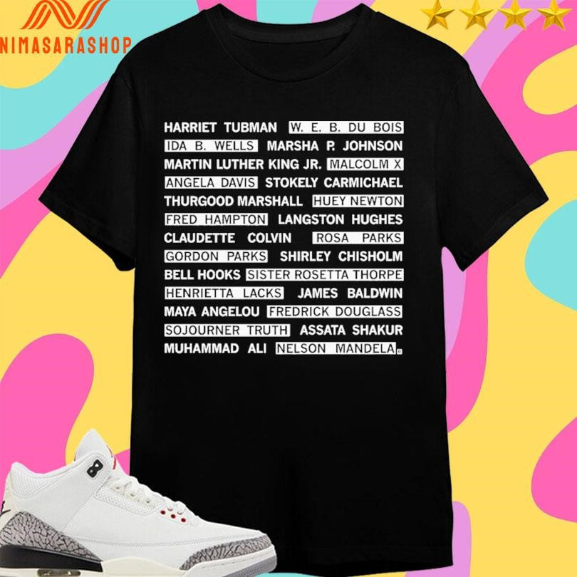 Harriet Tubman W. E. B. Du Bois Ida B. Wells Marsha P. Johnson Martin Luther King Jr. Malcolm X Angela Davis Stokely Carmichael Shirts