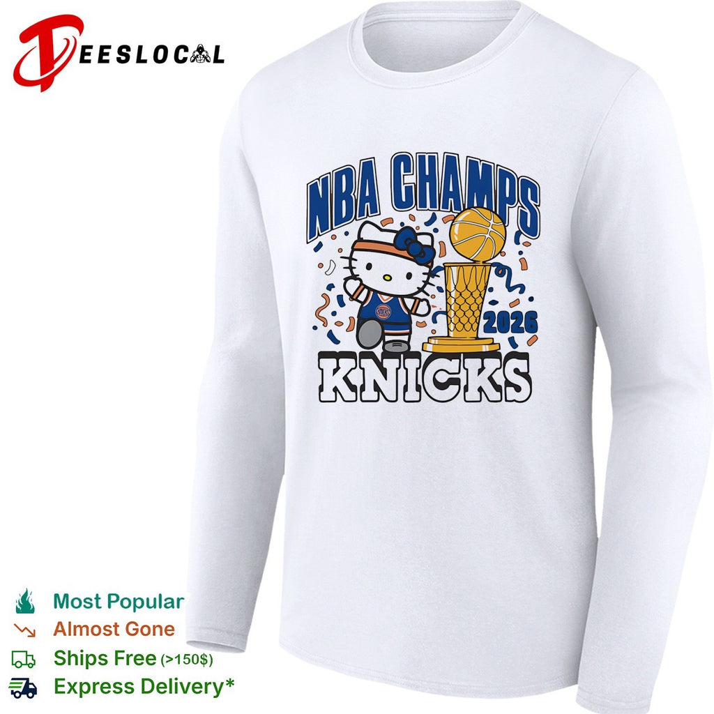 Hello Kitty wearing Knicks jersey 2026 NBA Champs trophy confetti cartoon shirt