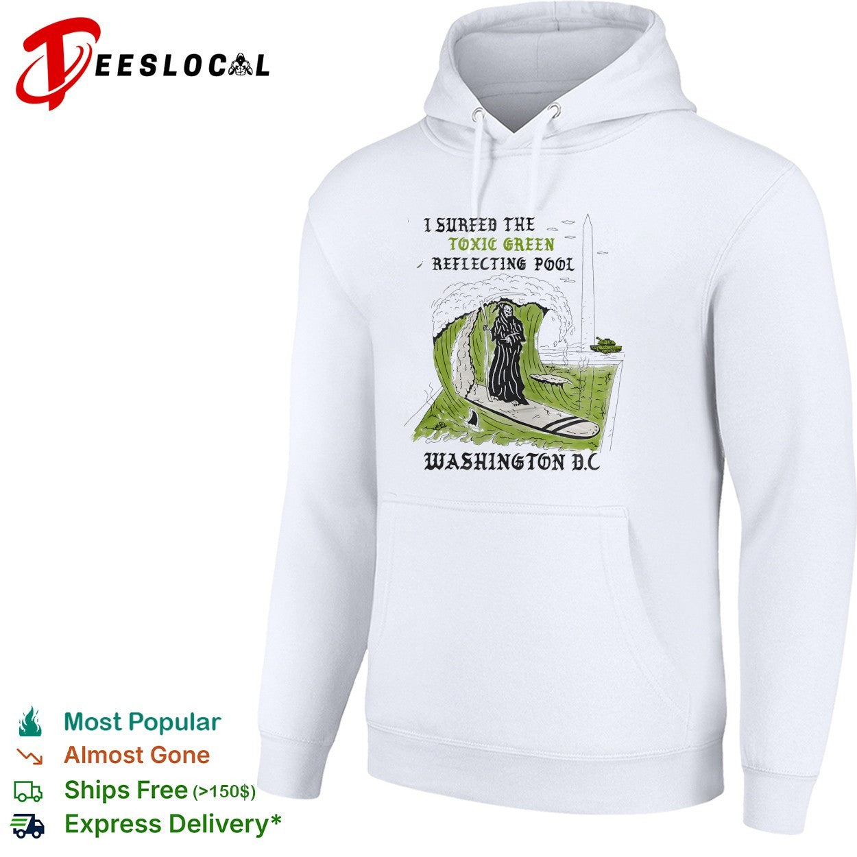 Hooded figure surfing toxic green reflecting pool Washington DC shirt