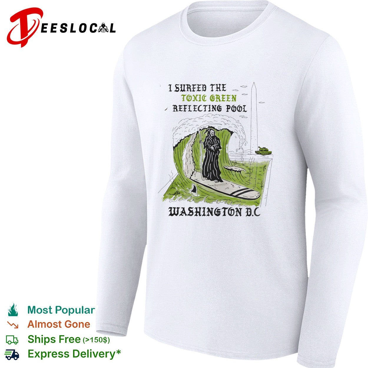 Hooded figure surfing toxic green reflecting pool Washington DC shirt