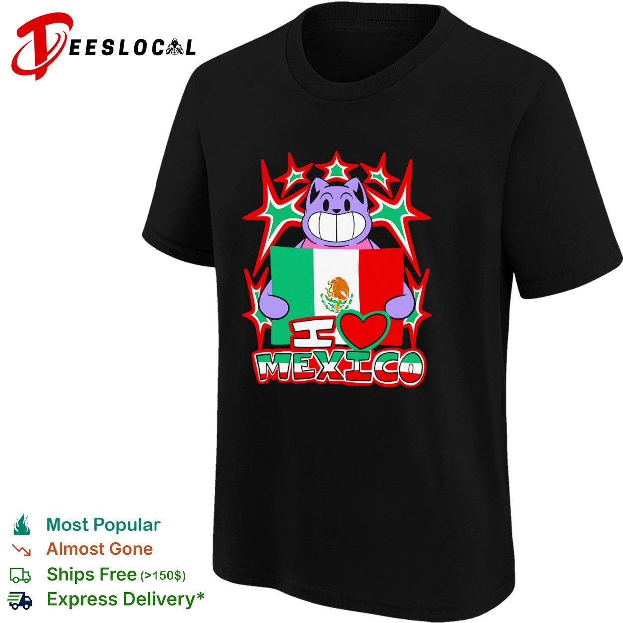 I Love Mexico Cartoon Cat Holding Mexico Flag National Pride Mexican Culture shirt