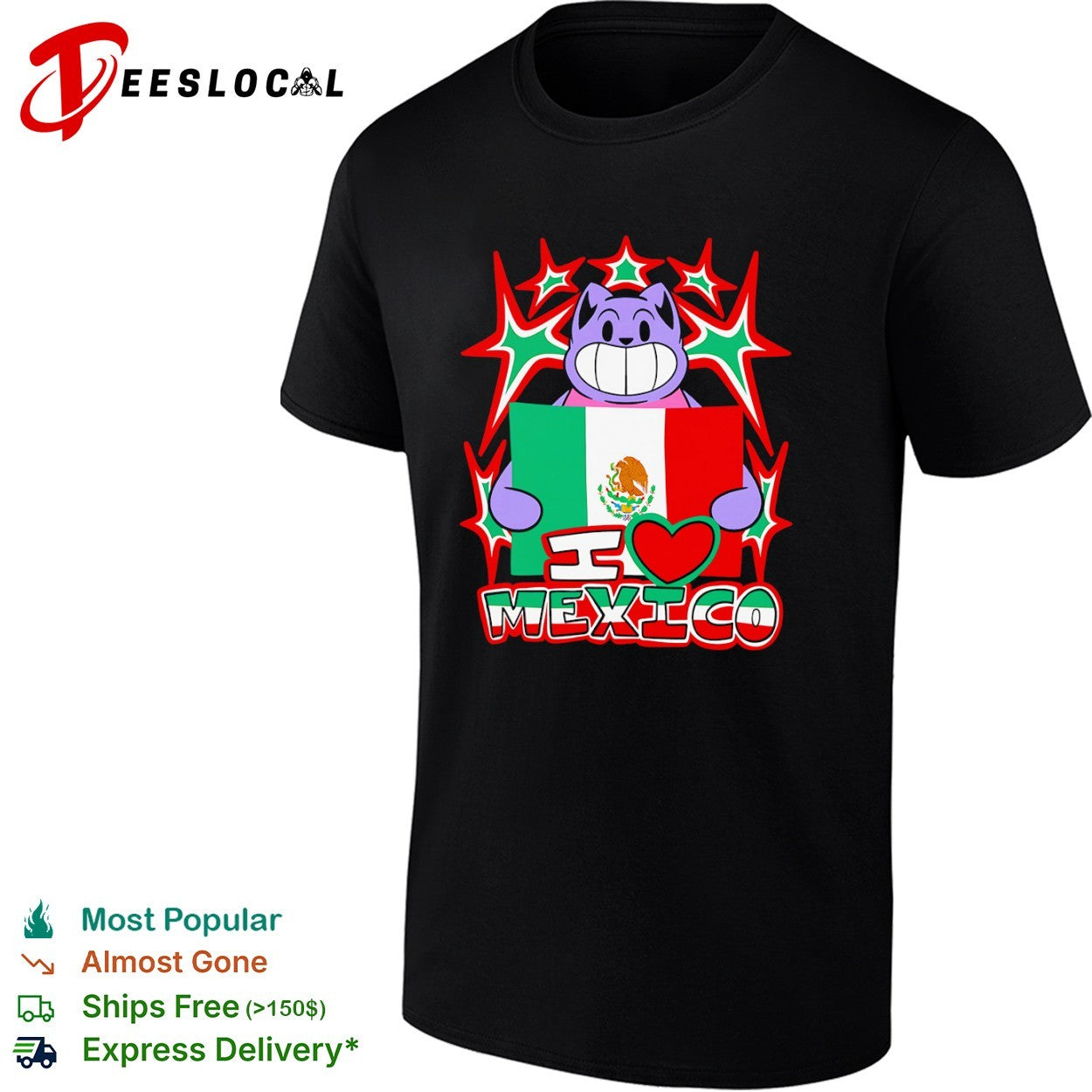 I Love Mexico Cartoon Cat Holding Mexico Flag National Pride Mexican Culture shirt