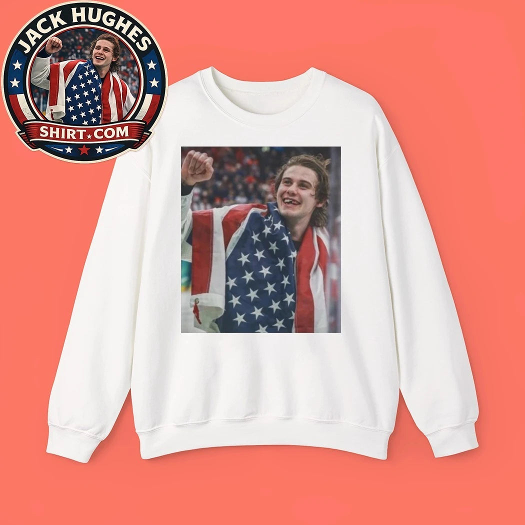Ice hockey star Jack Hughes celebrates his gold medal with the US team at the 2026 Winter Olympics Shirt