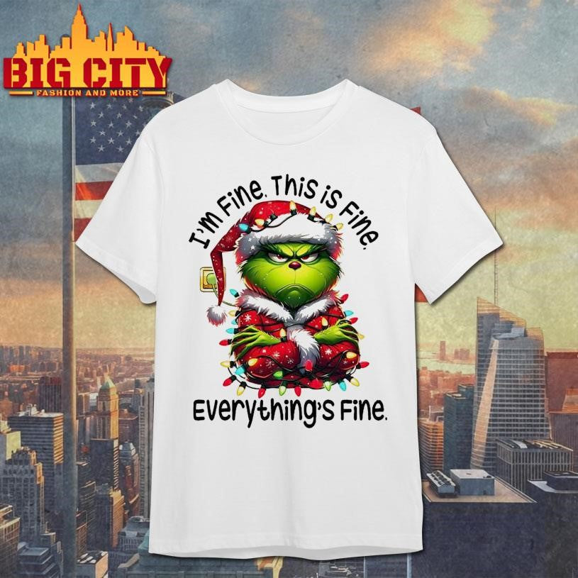 I’m Fine This is Fine Everything’s Fine Christmas lights with Grinch shirt
